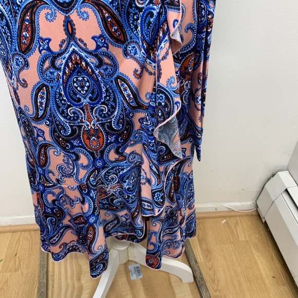 Kiyonna 1 Wrap Dress Paisly Print Asymmetric Midi Ruffle 14 Stretch USA‎  Made - Picture 3 of 9